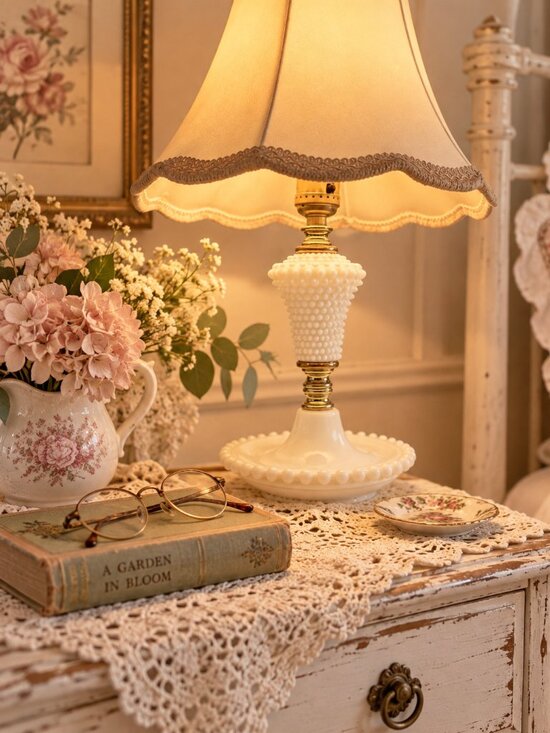 Other - Vintage Milk Glass Hobnail Table Lamp White Boudoir Bedside Lamp 15